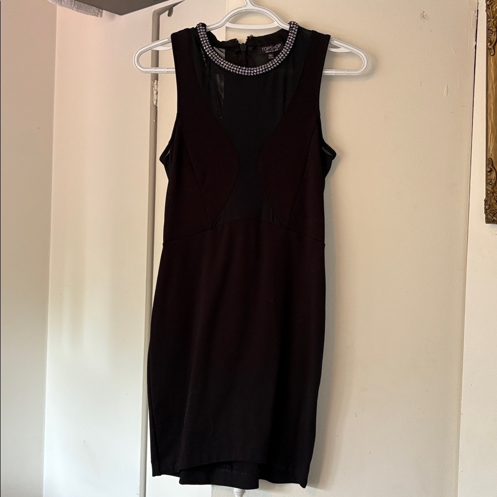 Topshop Black Dress with Embellished Collar and elegant mesh throughout